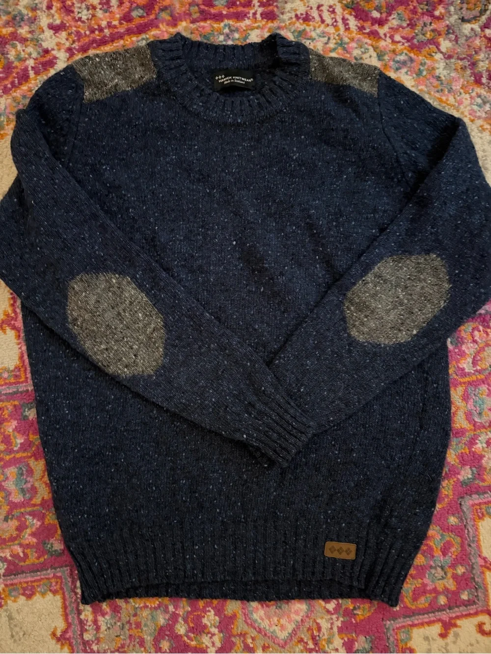 Men's Navy Wool Crewneck Sweater with Gray Elbow Patches
